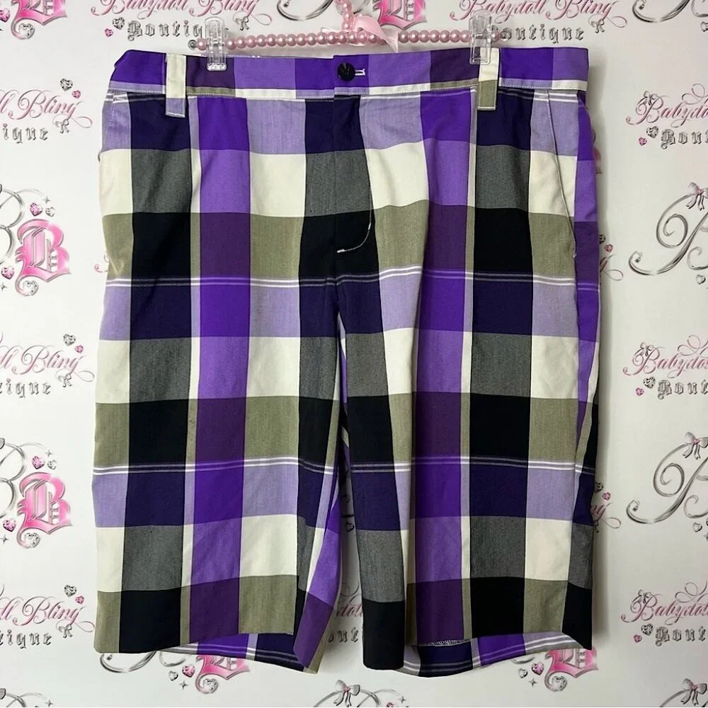 adidas shorts long Plaid Shorts in Purple, Black, and White stripes gingham